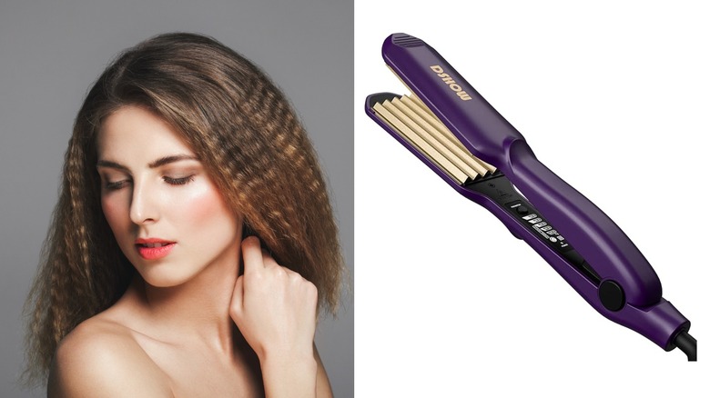 A woman with crimpesd hair looking to the side (L) and a crimping iron (R)