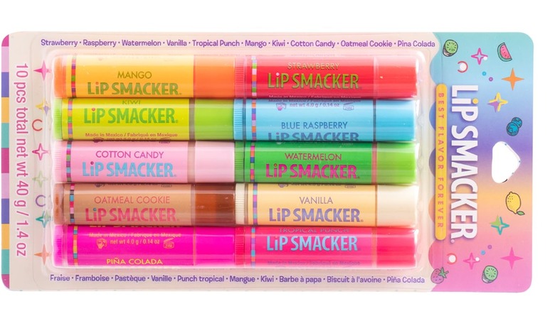 10 different flavors of Lip Smackers in their packaging