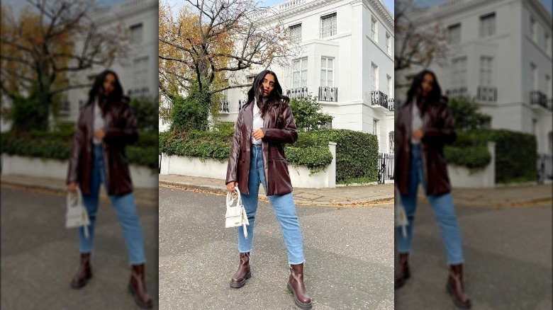 Woman wearing brown chelsea boots