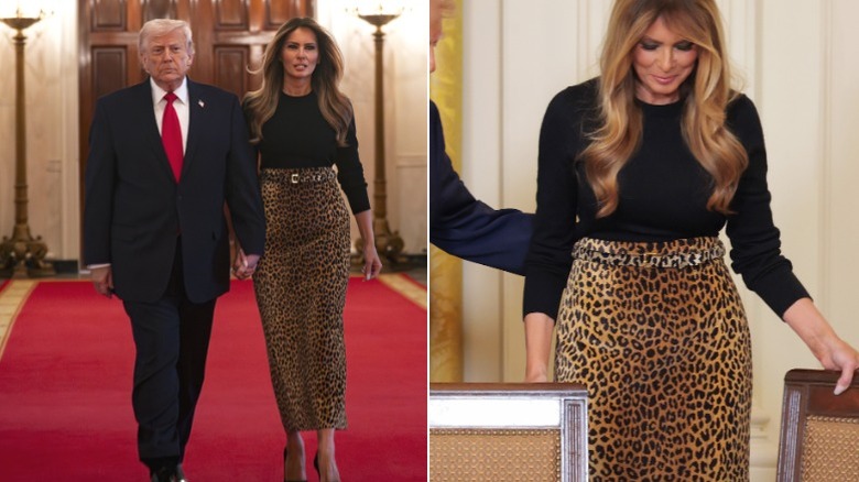 Melania Trump walks with Donald Trump in the White House