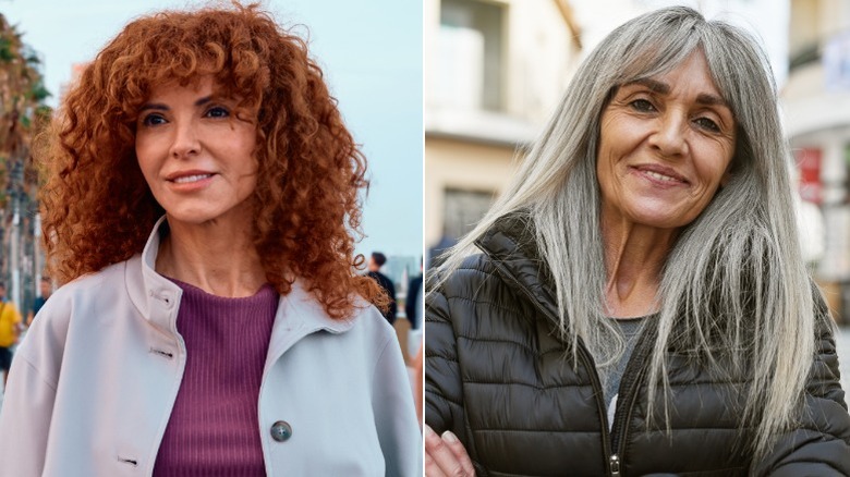 Split image of a woman with curly red hair and bangs on the left, and a woman with long gray hair and curtain bangs on the right.