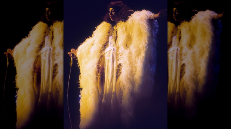 Donna Summer performs in a feather costume in the late 1970s