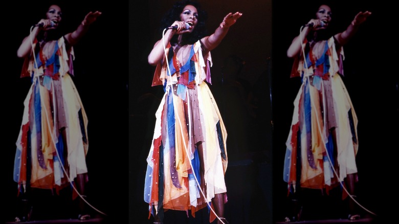 Donna Summer performs in a multicolored dress in Los Angeles in 1979