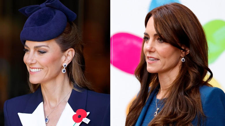 Kate Middleton wears double-drop sapphire earrings and single sapphire earrings at public appearances