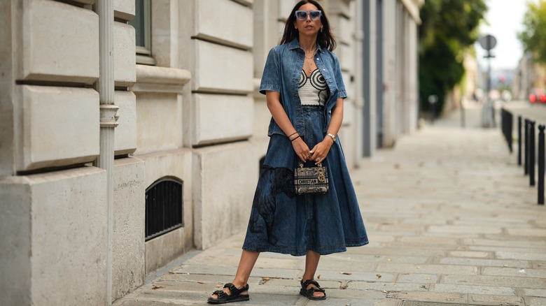 Gabriella Berdugo in denim A-line skirt