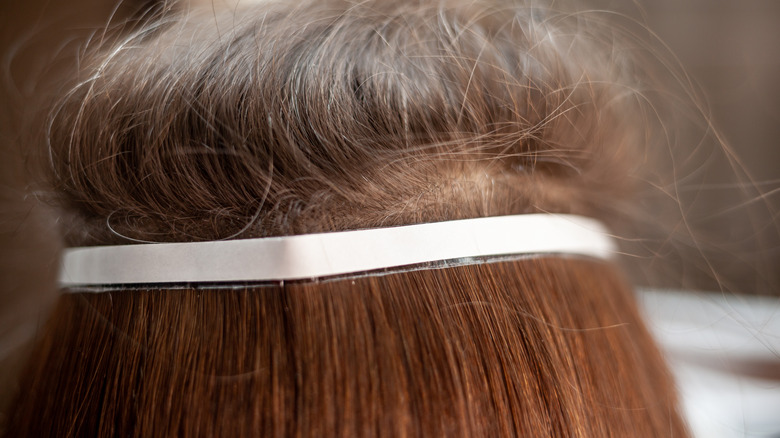 taoe-in hair extensions on head