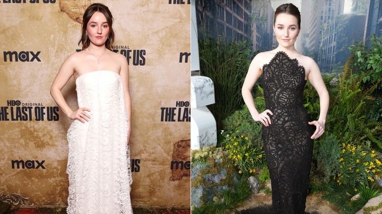 Side-by-side of Kaitlyn Dever wearing gowns in white lace and black lace.