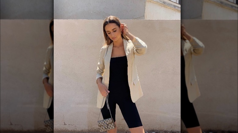 Girl wearing spandex onesie