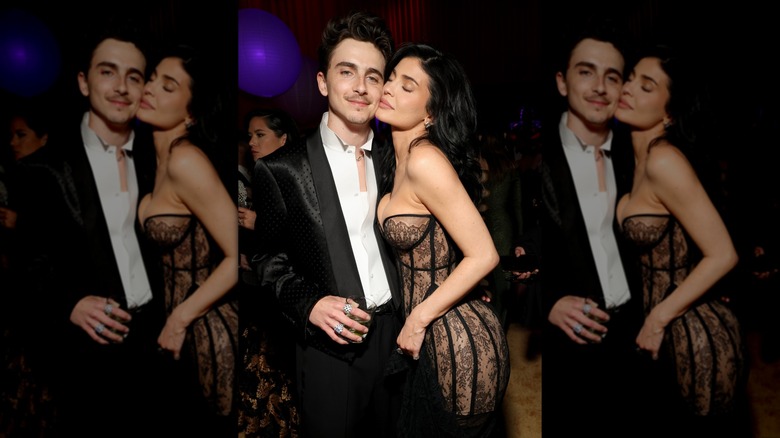 Timothée Chalamet and Kylie Jenner posing together at the Vanity Fair Oscar Party
