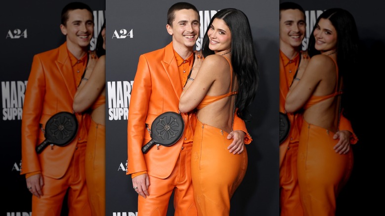 Kylie Jenner and Timothée Chalamet posing on the red carpet