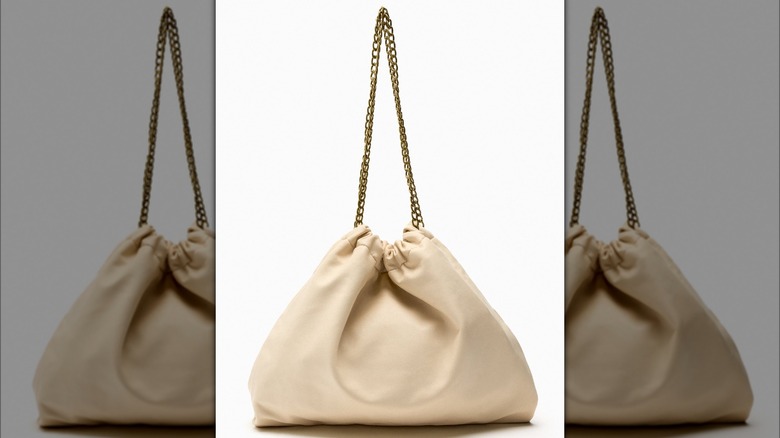 Cream pleather tote, long chain strap
