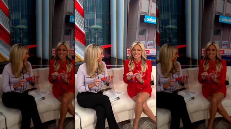Kayleigh McEnany and Ainsley Earhardt talk while sitting on a couch
