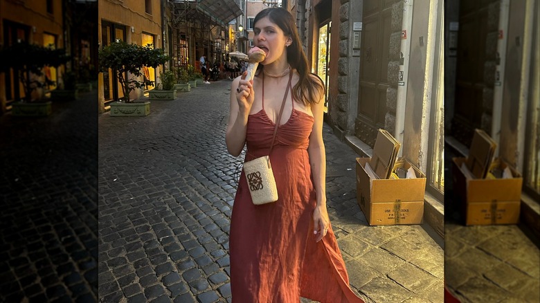 Alexandra Daddario in a terracotta dress