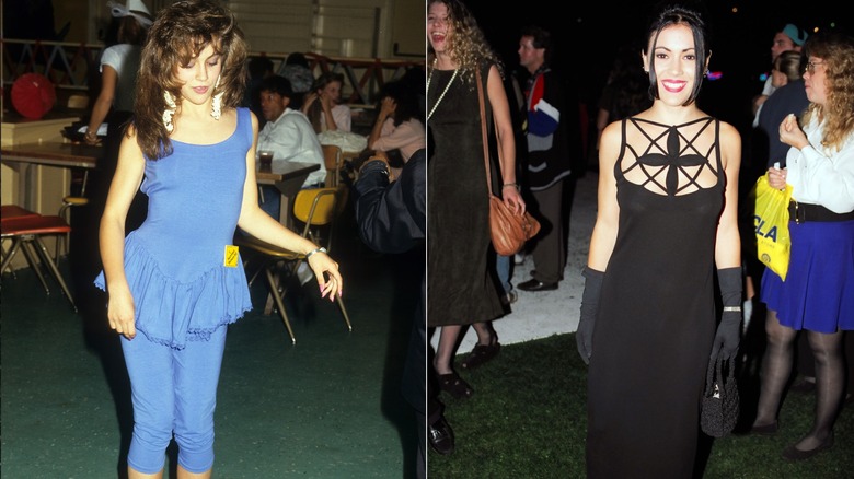 Alyssa Milano in a blue '80s set with big hair and a vampy black dress in 1992