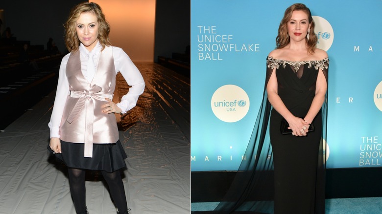 Alyssa Milano in a preppy outfit with sheer and satin details, next to Alyssa Milano posing in a statement black dress with a sheer cape