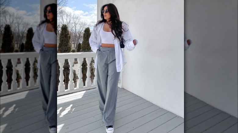 trousers and white button down