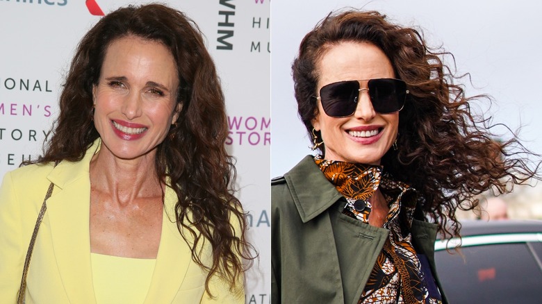 Andie MacDowell in 2020 with dark brown curly hair