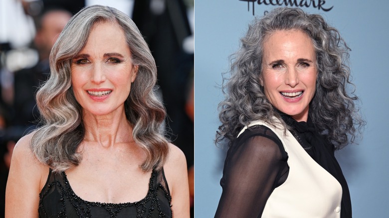 Andie MacDowell in 2023 with wavy gray hair and curly gray hair