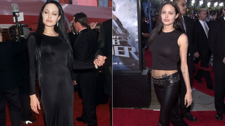 Angelina Jolie in the early 2000s posing on red carpets.
