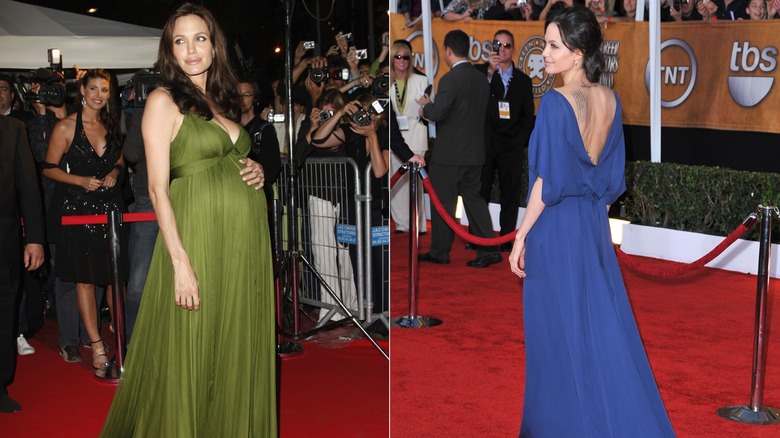 Angelina Jolie in the late 2000s posing on red carpets.