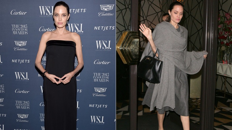 Angelina Jolie in 2015 and 2016 posing on red carpets.