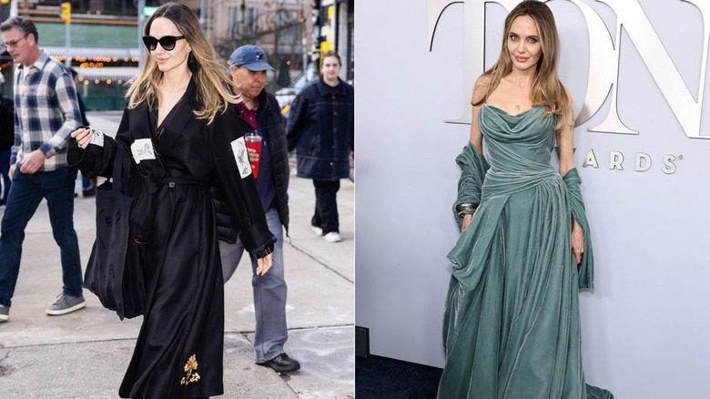 Angelina Jolie in 2023 and 2024 posing on red carpets.