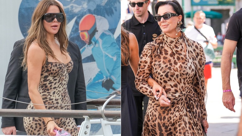 Khloé Kardashian wearing leopard print and Kris Jenner wearing a leopard print maxi dress at Jeff Bezos and Lauren Sánchez's wedding weekend