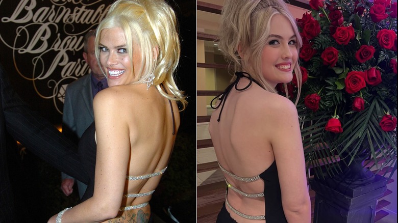 Side-by-side photos show Anna Nicole Smith and daughter Dannielynn Birkhead doing the same pose while wearing the same black dress
