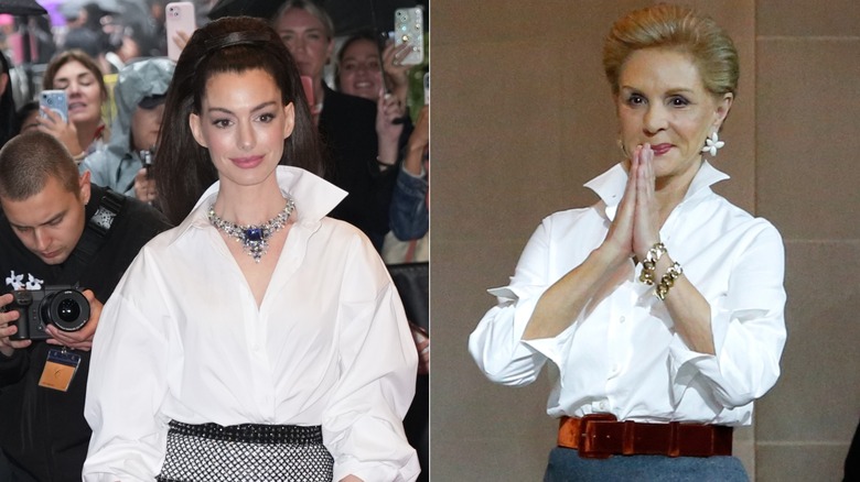 Anna Hathaway's 2025 Met Gala outfit of a white blouse and skirt next to Carolina Herrera in a white blouse and skirt