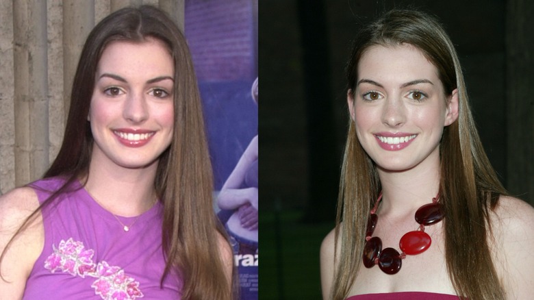 Split image of Anne Hathaway wearing a pink top in 2001 on the left and wearing a chunky necklace in 2002 on the right.