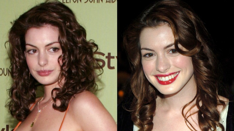 Split image of Anne Hathaway with curly hair in 2003 on the right, and smiling at a party on the right.