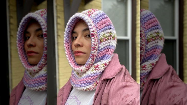 woman wearing a colorful balaclava