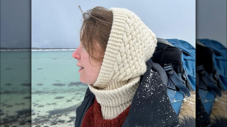 woman wearing a white balaclava