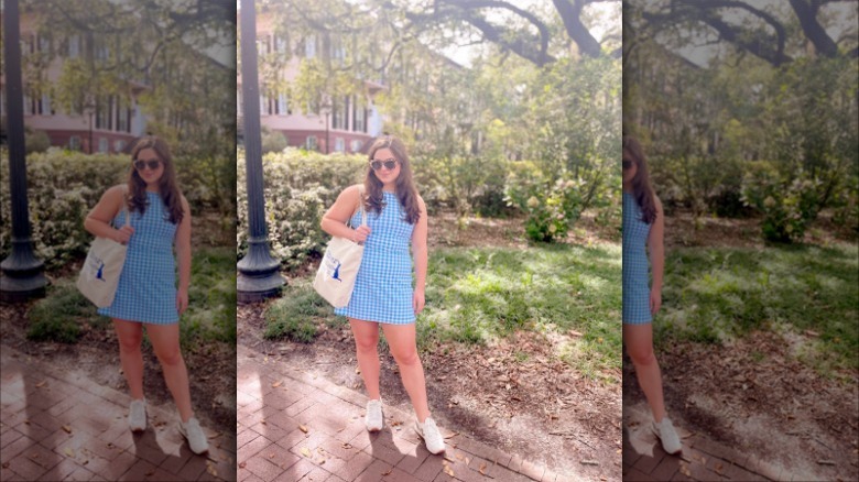 woman wearing plaid exercise dress