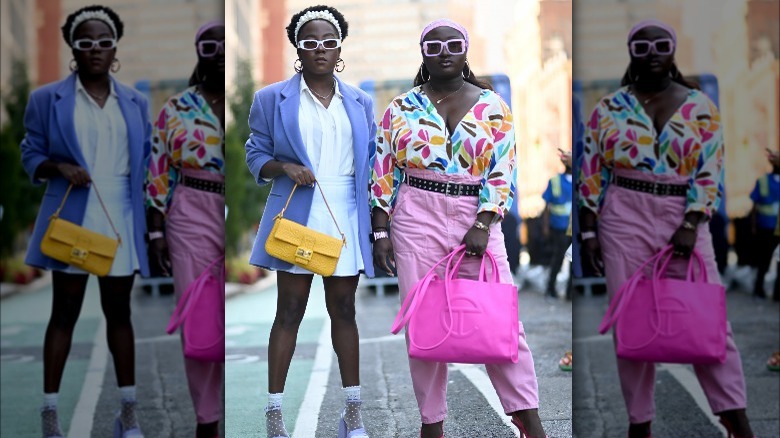 Two women wearing colorful outfits