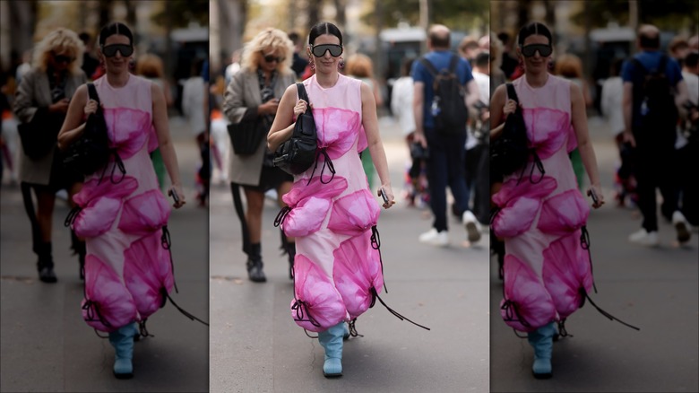woman wearing dress with balloons
