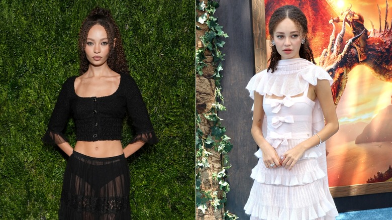 Nico Parker poses for a photo in a black crop top and skirt and attends the How To Train Your Dragon movie premiere in a pink dress with bows