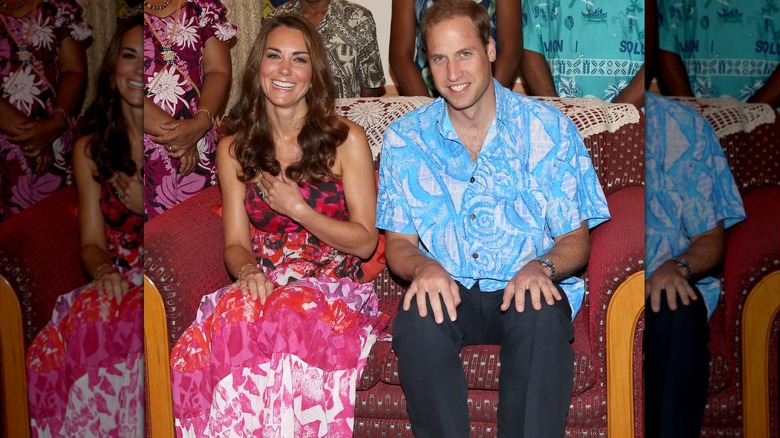 Kate Middleton and Prince William pose wearing traditional island clothing during a visit to the Governor General's house as part of their Diamond Jubilee tour of the Far East on September 16, 2012 in Honiara, Guadalcanal Island (2012)