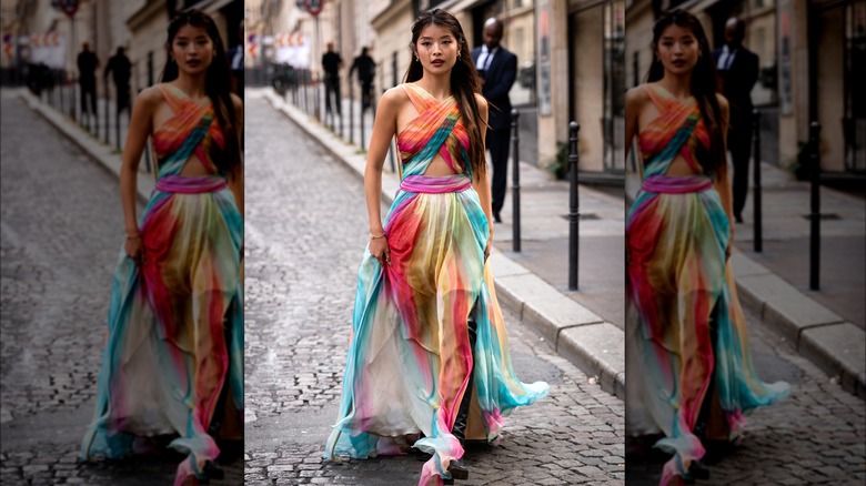 Woman wearing colorful halter dress