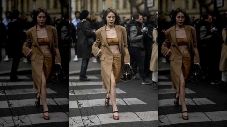 woman wearing tan outfit with Miu Miu ballet heels