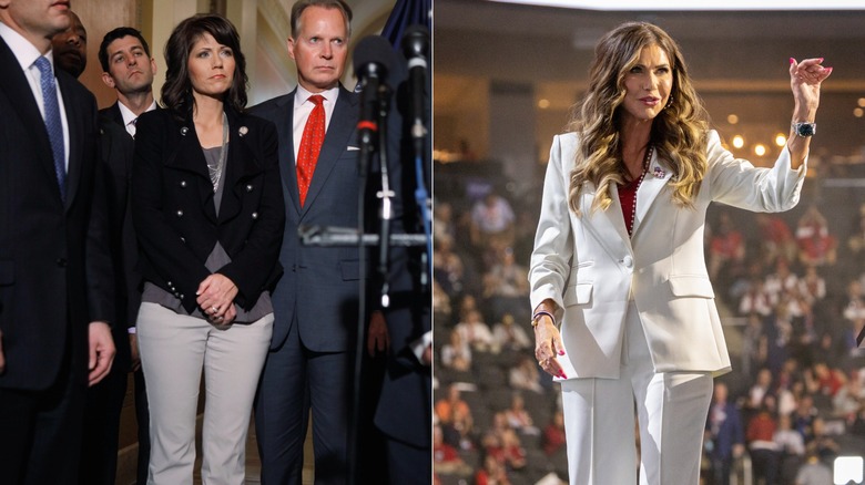 Kristi Noem before MAGA in crude business wear versus after MAGA transformation in a power suit
