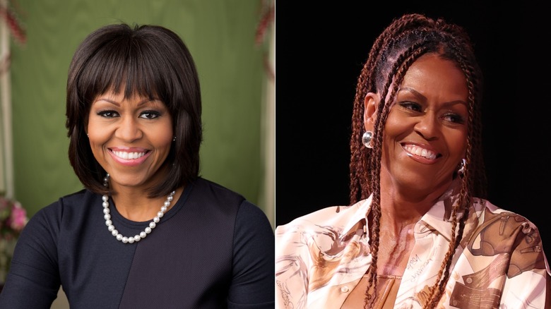 Split image of Michelle Obama smiling with bangs and a bob on the left and smiling and wearing braids on the right.