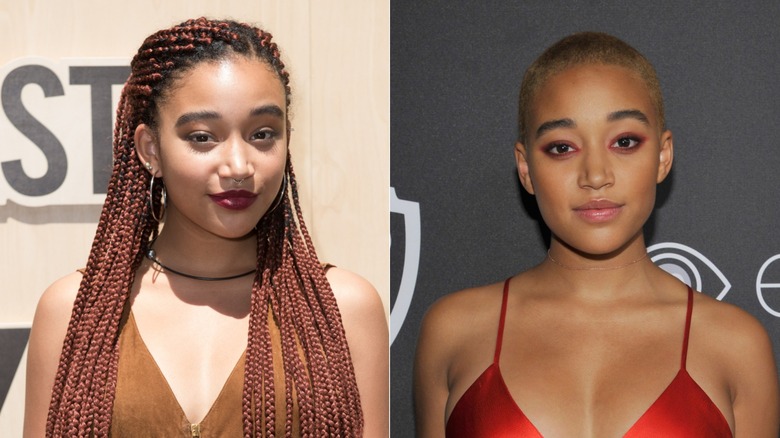 Amandla Stenberg with long braids and a blond shaved head
