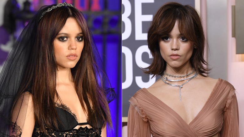 Jenna Ortega at the world premiere of "Wednesday" in Los Angeles in November 2022 / Jenna Ortega at the 80th annual Golden Globes in Beverly Hills in January 2023