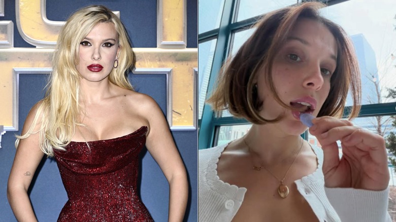 Millie Bobby Brown at a special screening of "The Electric State" in London in March 2025 / Millie Bobby Brown promoting a lip gloss on her Instagram page