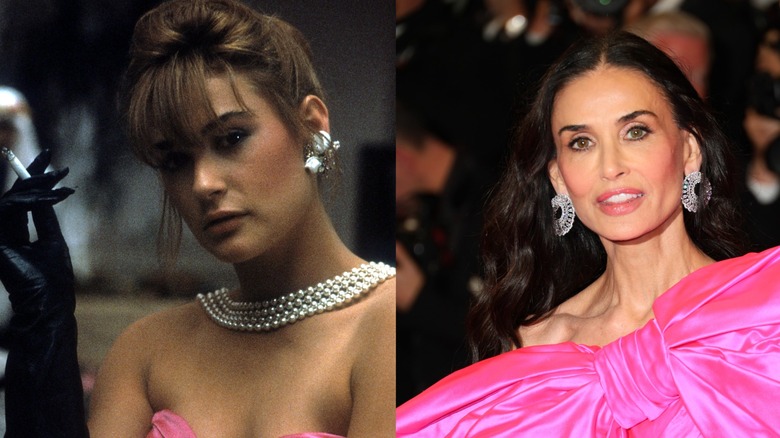 Demi Moore pictured in a 1985 still from "St. Elmo's Fire" on the left and separately in 2026 on the right