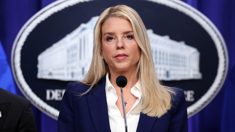 Pam Bondi talking into a microphone