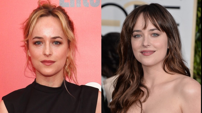 Split image of Dakota Johnson as a blond on the left and a brunette with bangs on the right.