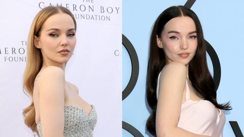 Split image of Dove Cameron as a blond on the left and as a brunette on the right.