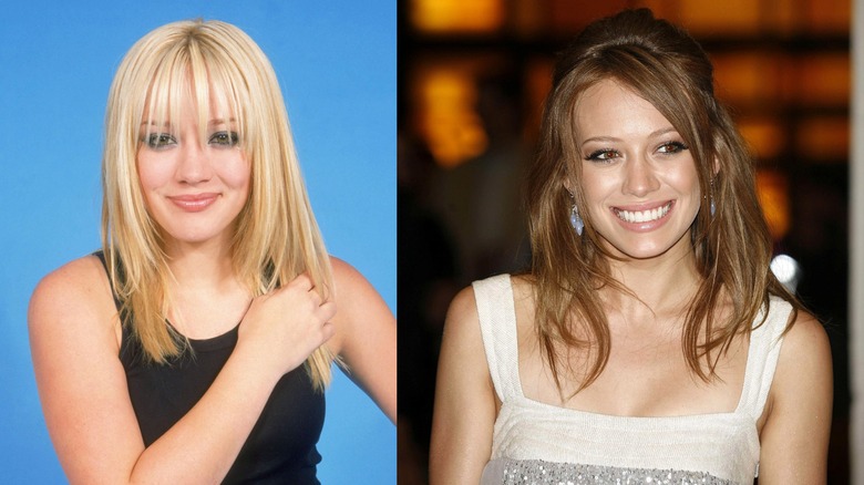 Split image of Hilary Duff as a blond on the left and as a brunette on the right.